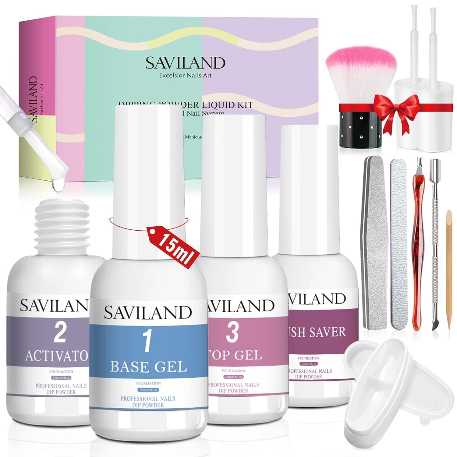 Saviland Dip Powder Liquid Set - 4+9PCS Dip Powder Nail Kit Quick Dry Dip Powder Set 15ml/0.5oz Dip Powder Base Activator Top Coat Brush Saver Tray for Dipping Powder Beginners DIY Dip Nails Art Design