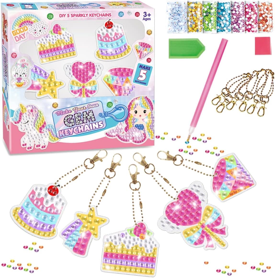 DOTPAINT 5 Pcs Mosaic Diamond Kit Arts and Crafts for Kids Ages 8-12 Girls, DIY Gem 5D Painting Stickers Chainkeys Pendant,Numbers Art Kits (Birthday Cake)