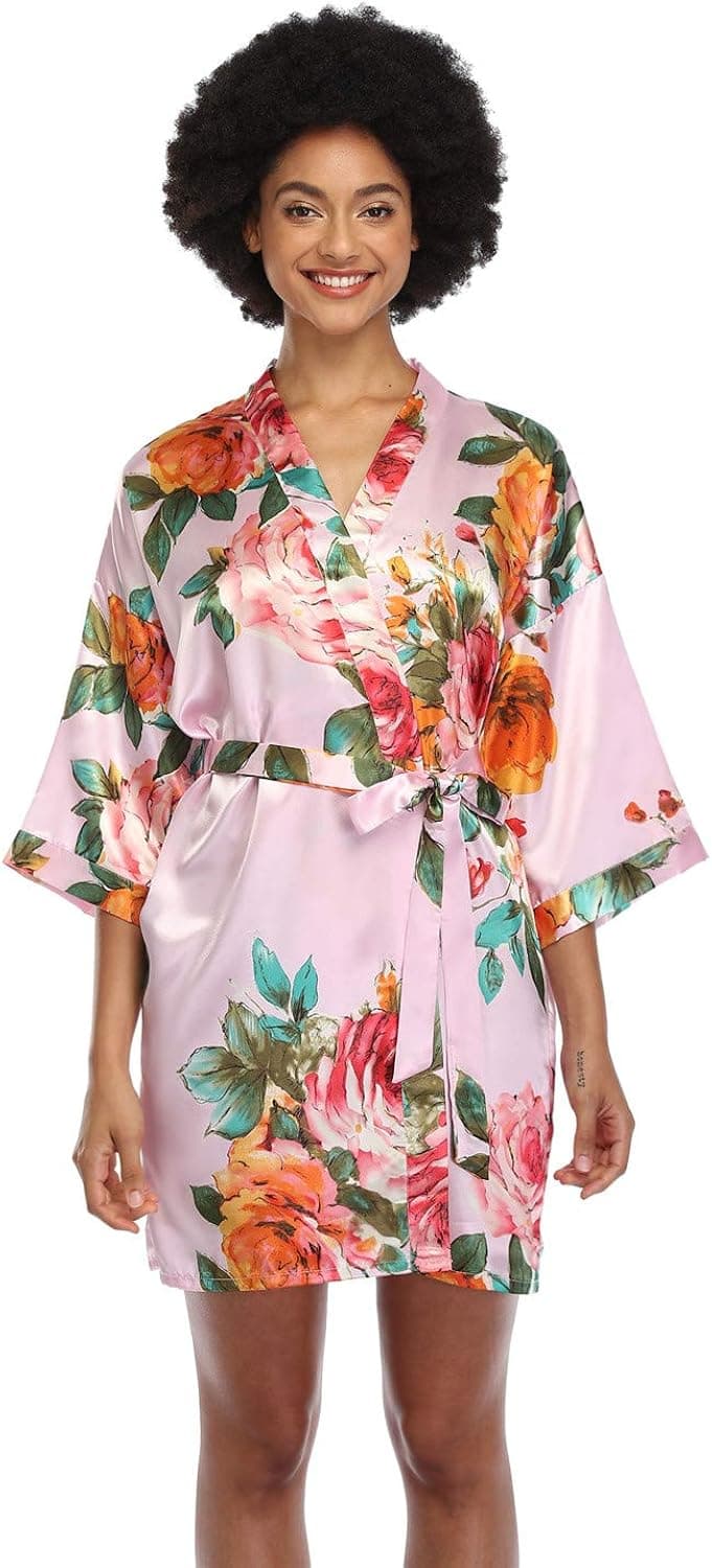 MissNina Women's Floral Satin Kimono Robes Short Silky Bridesmaid Robes Sleepwear