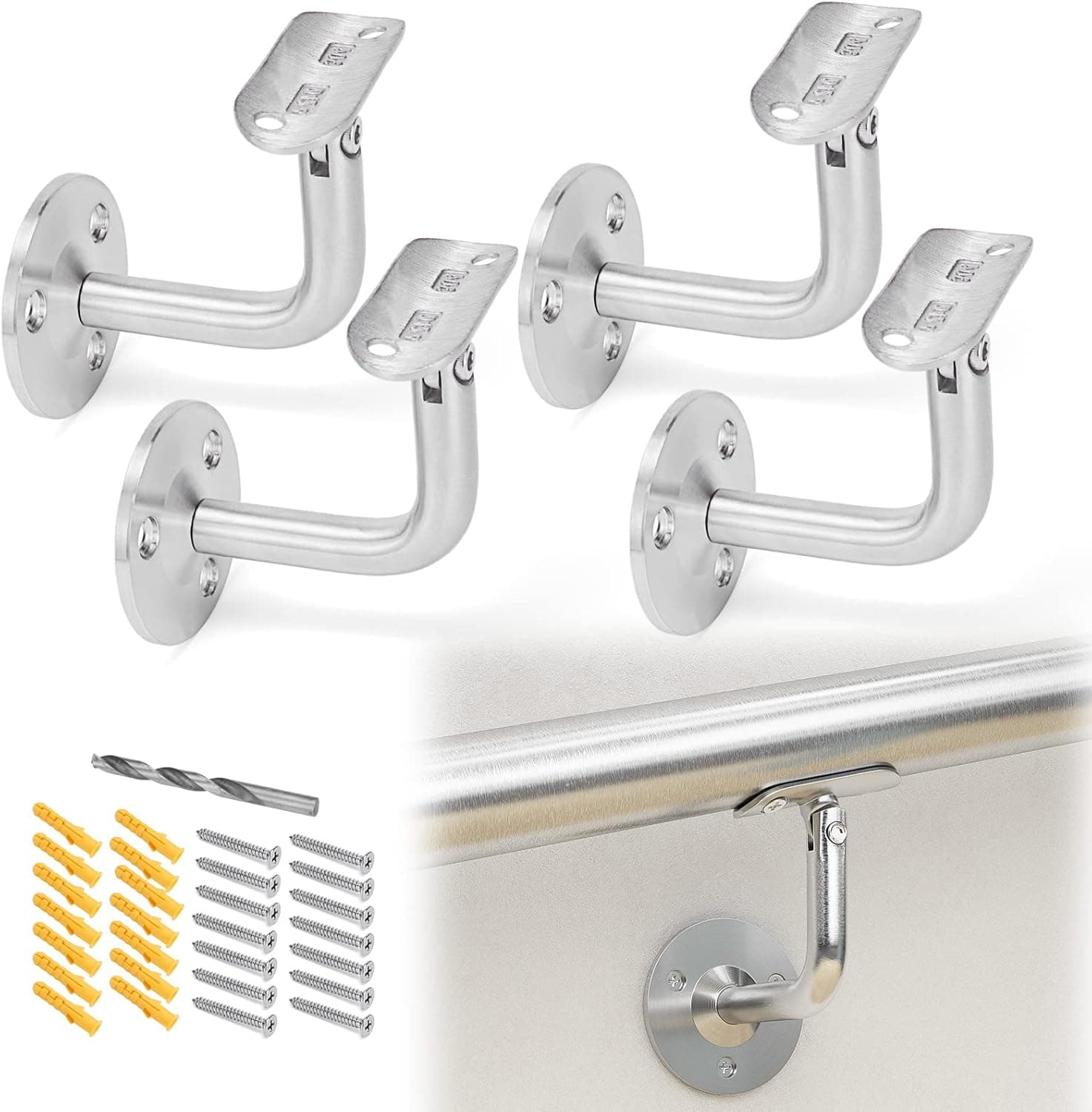 Muzata 4pack Stainless Steel Handrail Bracket, Adjustable Heavy Duty Wall Mounted Bracket, Suitable for 2''OD Round Wood/Stainless Steel/Aluminum handrail, HB01 SL4, HB1 HR0