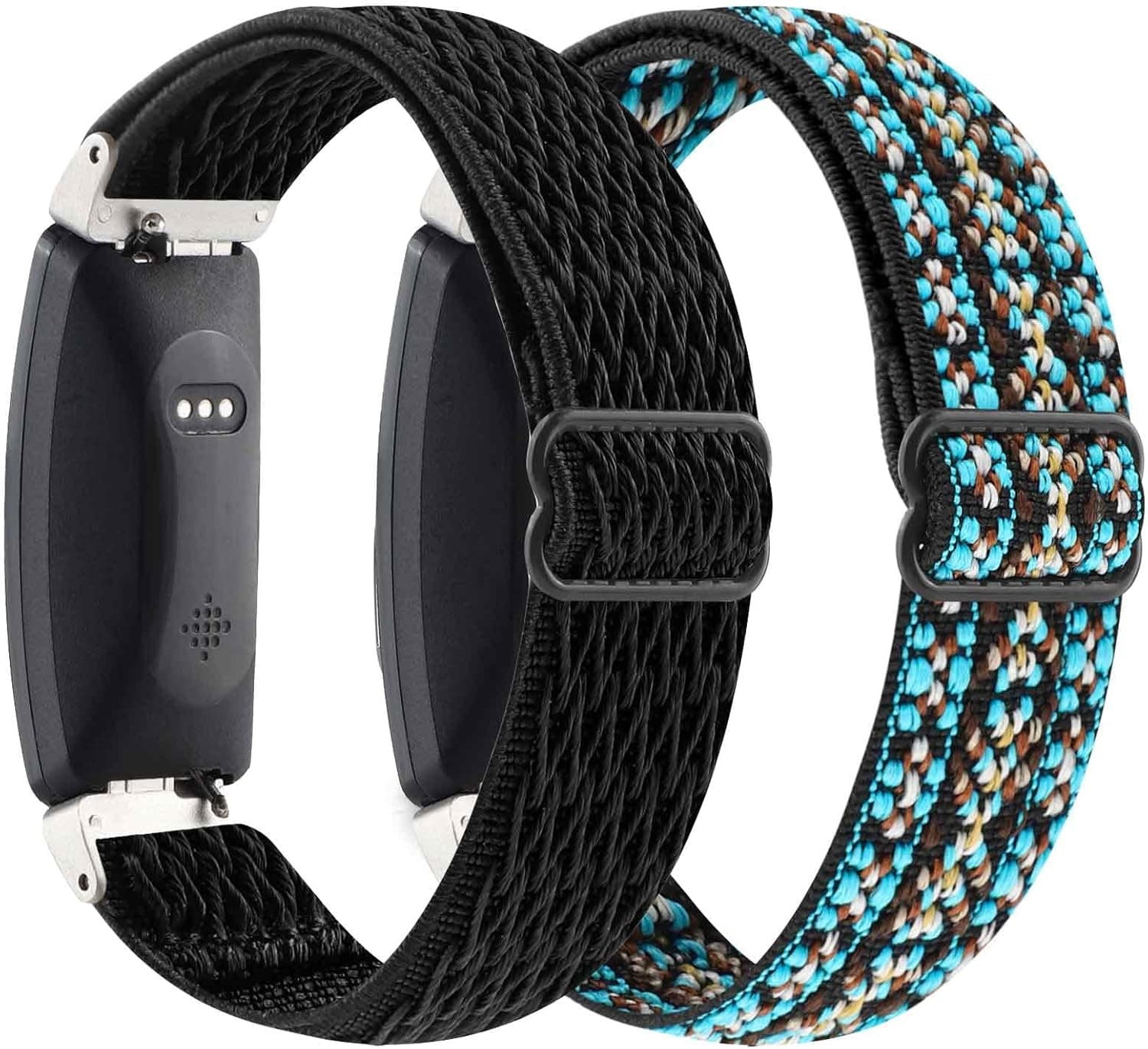 【2Pack】 Elastic Watch Band Compatible with Fitbit Inspire 2/ Inspire/Inspire HR,Woven Soft Nylon Sport Breathable Wristband Replacement Women Men for Fitbit Inspire (Black-Embroidery Blue)