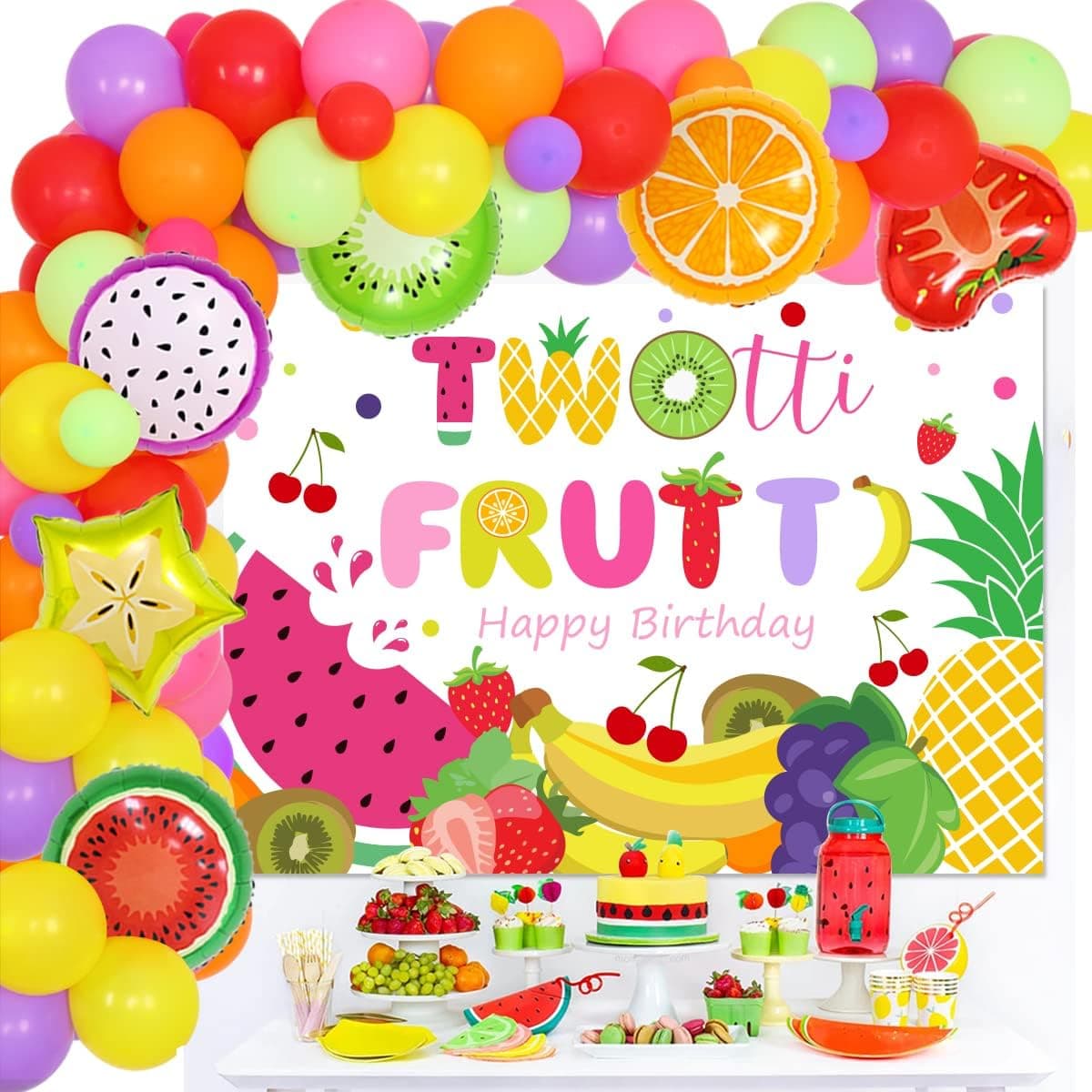 Twotti Fruity Birthday Decorations - Twotti Frutti Backdrop Balloon Garland Arch Kit for Girl Fruit Themed 2nd Birthday Party Supplies Watermelon Strawberry Orange Foil Balloon