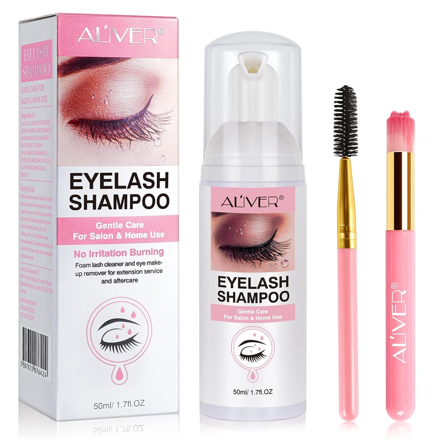 Eyelash Extension Cleanser, 50ml Mousse Natural Lash Shampoo for Lash Extensions, Eyelash Shampoo Kit, Rinse Bottle + Mascara Brush + Cleaning Brushes, Lash Bath, Lash wash for Daily Salon and Home Use