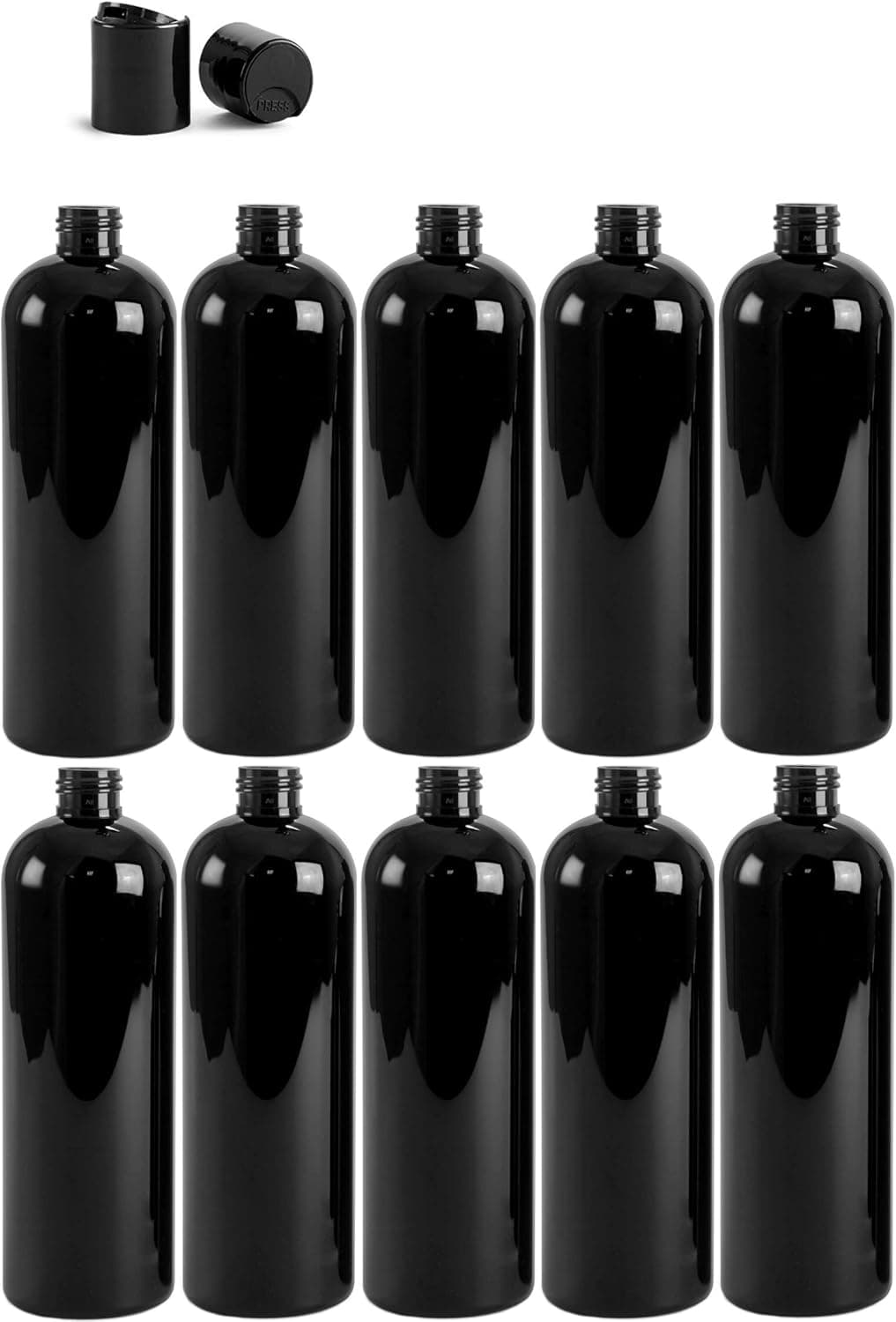 16 Ounce Cosmo Round Bottles, PET Plastic Empty Refillable BPA-Free, with Black Press Down Disc Caps (Pack of 10) (Black)