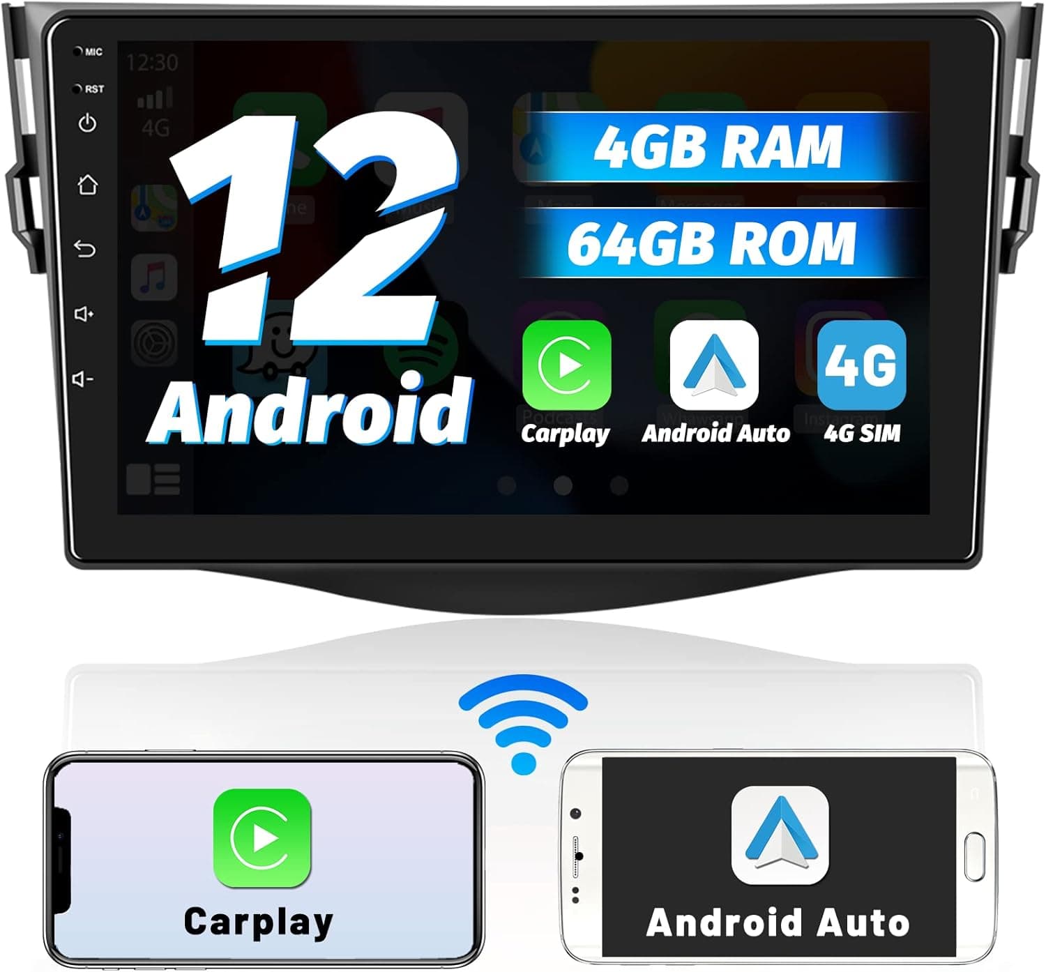 4GB+64GB Car Stereo for Toyota RAV4 2007-2011, Android 12 Wireless Apple Carplay Radio 9 Inch Touchscreen Android Auto GPS 4G WiFi FM AM DSP Voice Control Bluetooth 5.0 Backup Camera