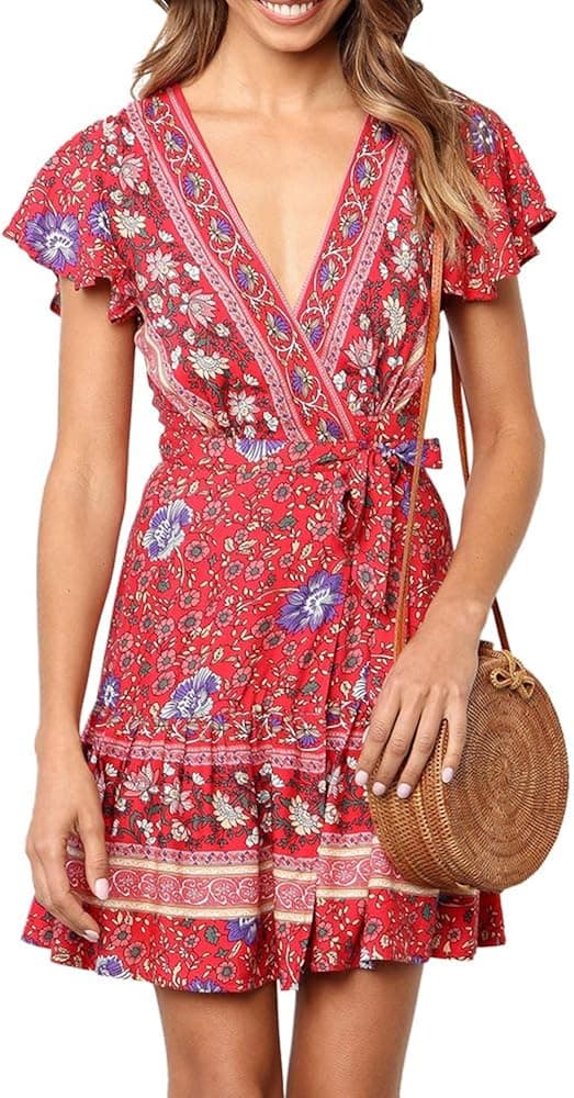 Imysty Womens V Neck Bohemian Floral Print Summer Beach Vintage Party Wrap Mini Dress with Belt