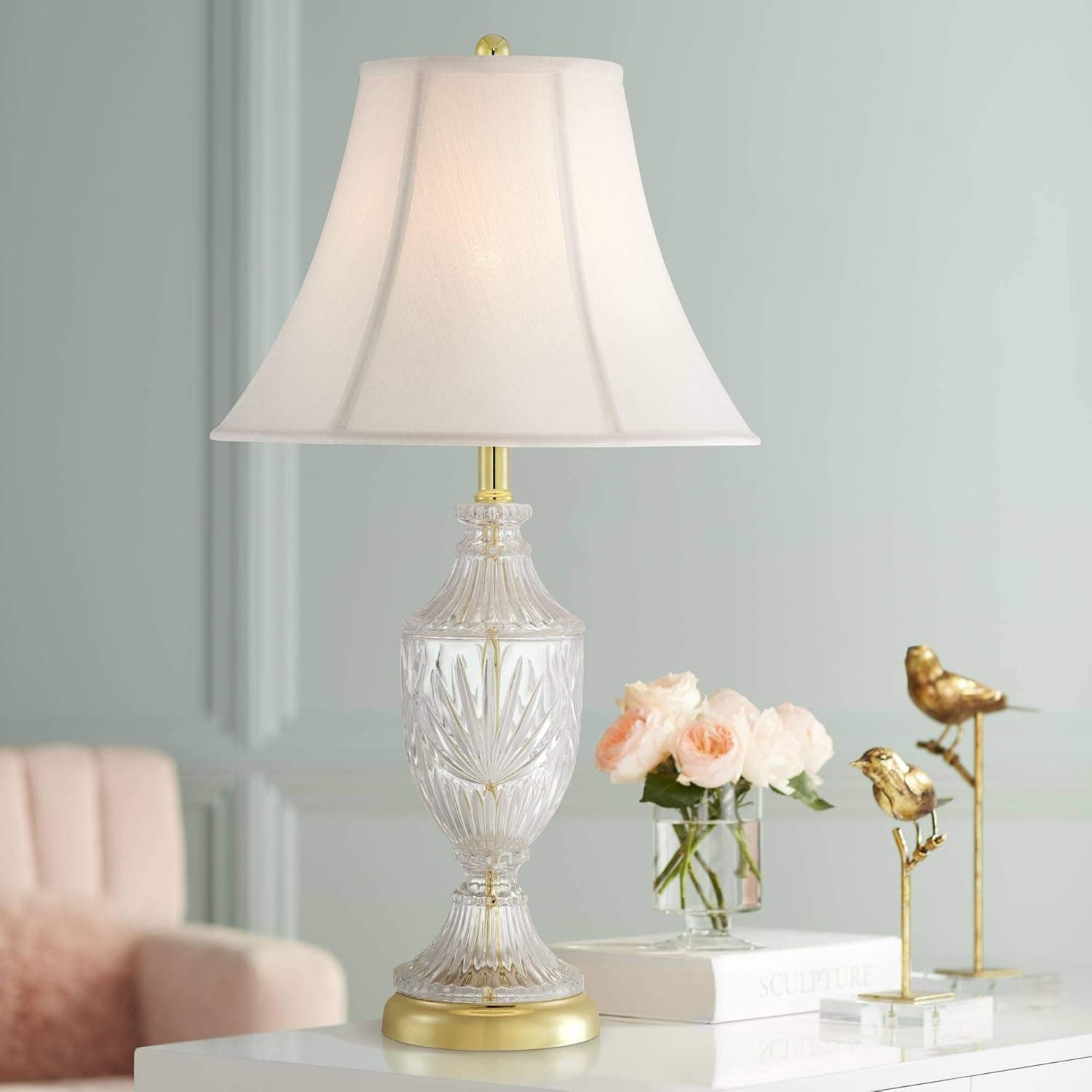 Regency Hill Traditional Glam Style Table Lamp 26.5" High Cut Glass Urn Brass Gold Metal Clear White Cream Bell Glass Shade Decor for Living Room Bedroom House Bedside Nightstand Home