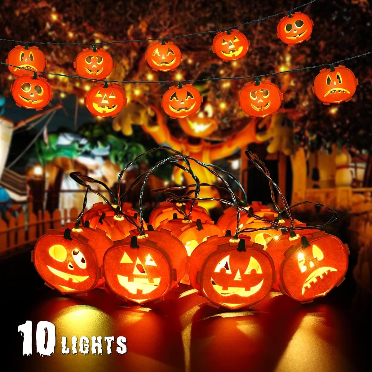 YUNLIGHTS Halloween Light Decorations - 8FT 10 LEDs Pumpkin Lights for Indoor, Party, Battery Operated Halloween Pumpkin String Lights with Steady-on/Flash Setting