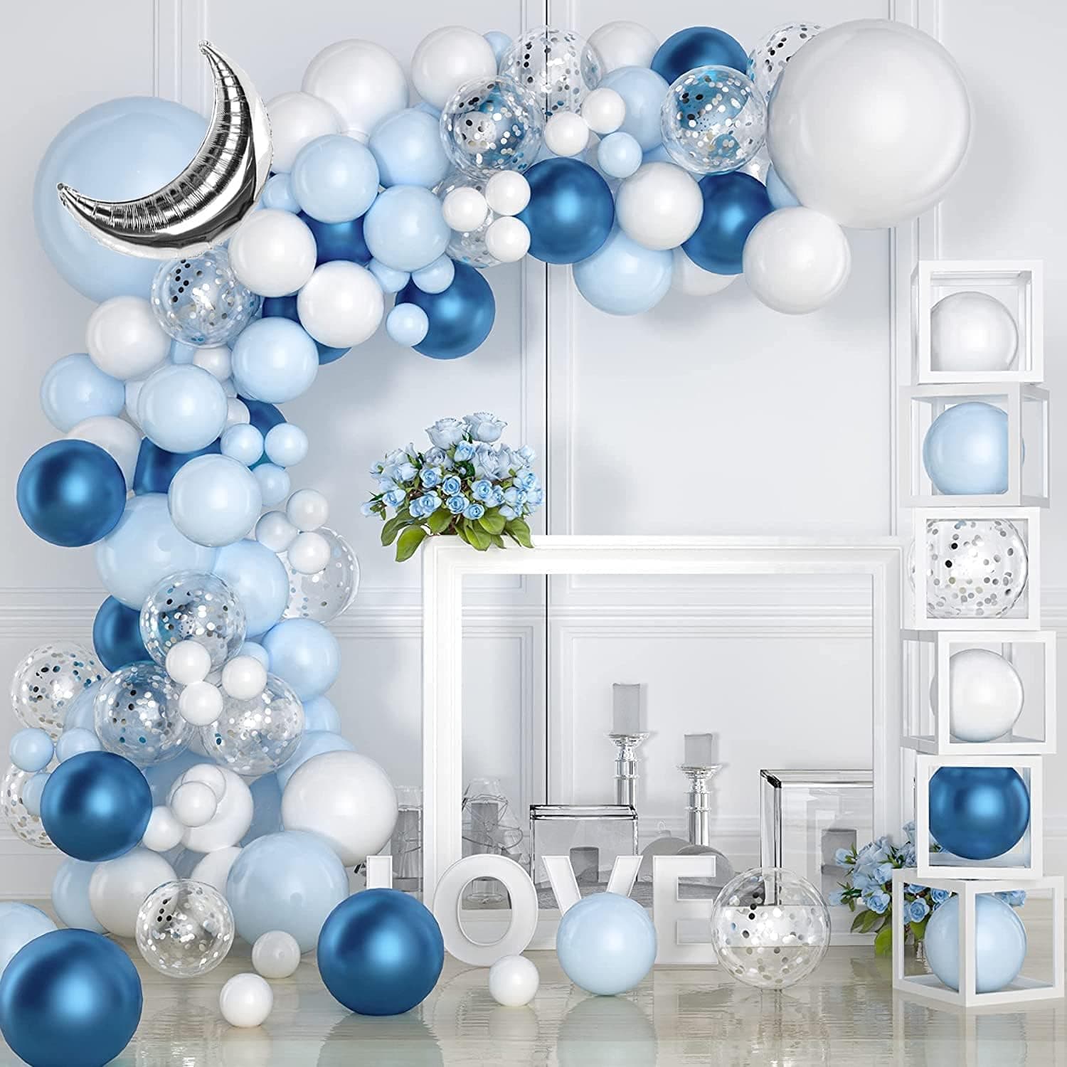 Blue Balloon Garland Arch Kit, 132pcs Metallic Blue White and Silver Confetti Latex Balloons Moon Balloon for Birthday Graduation Wedding Baby Shower Decoration Party Supplies