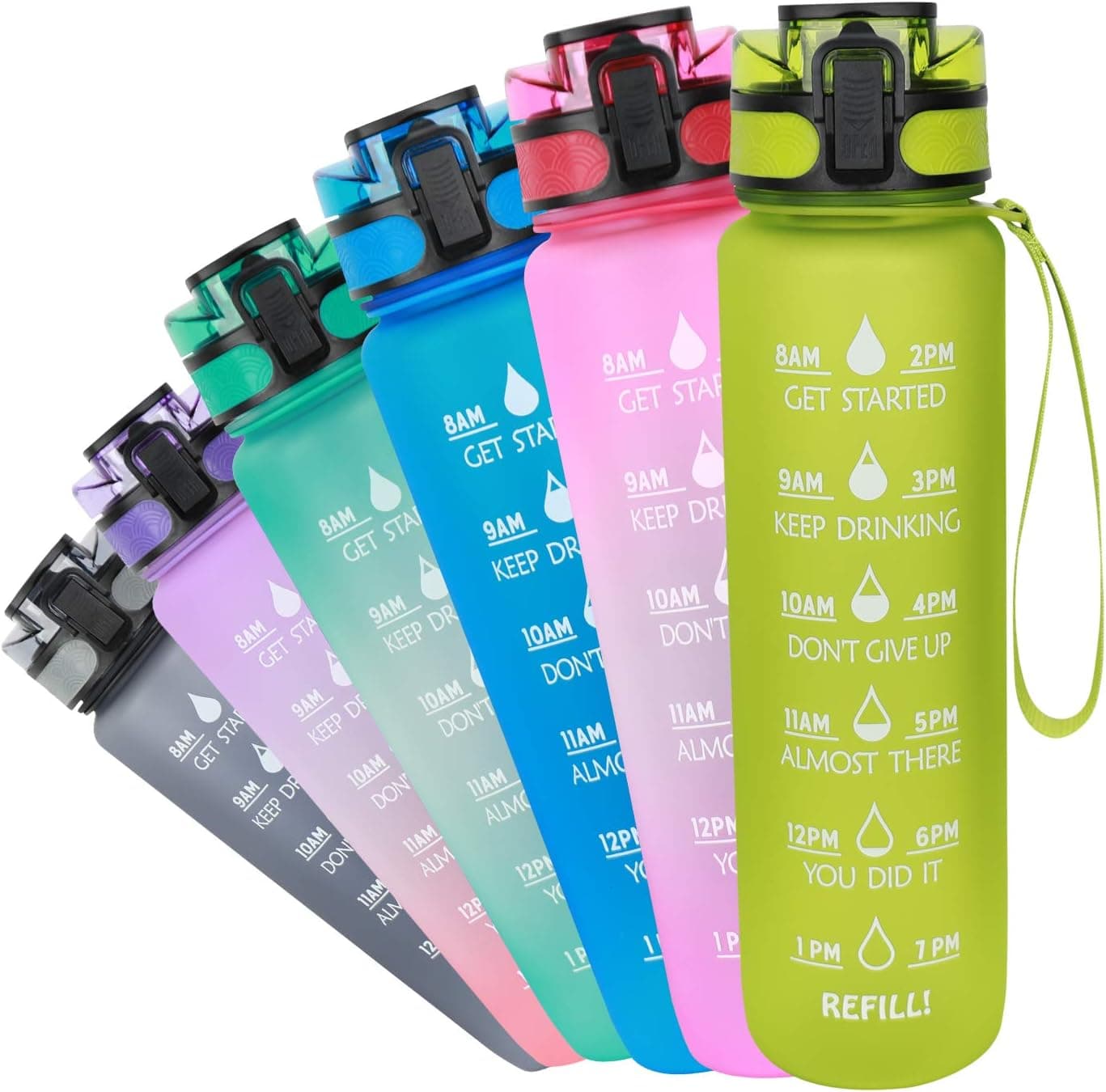 Azebo 32oz Infused Water Bottle with Motivational Time Markers and Tea Fruit Strainer, Tritan BPA Free Reusable Leak Proof Hydration Jug for Indoor Outdoor Sports Office, 1000ml, Green