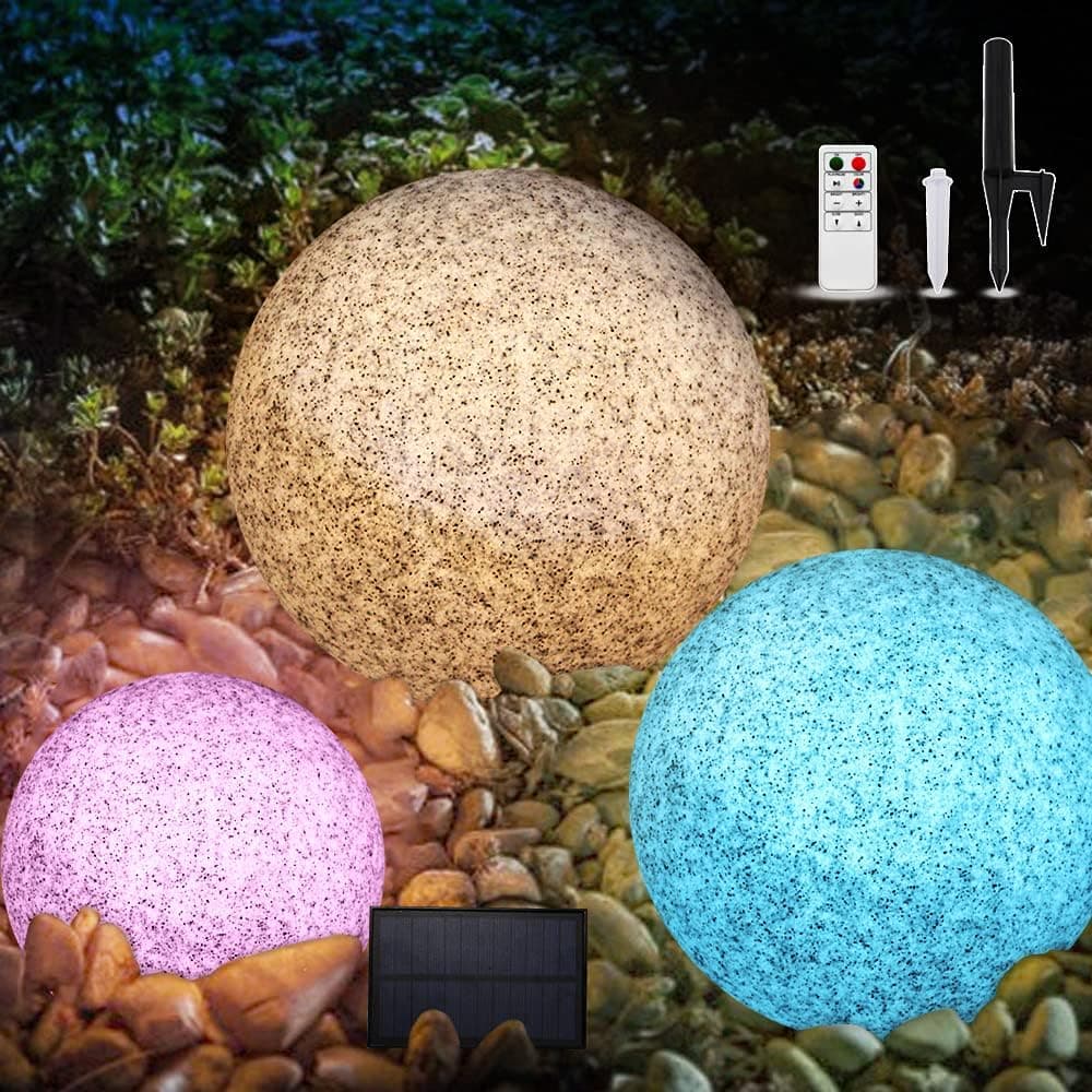 Garden Solar Ball Light, Solar Gazing Balls Marble Light with Remote Control, Warm White 8 Color Changing, Waterproof Landscape Light with Stakes for Garden/Pathway/Patio/Yard/Lawn Decor 7.87in