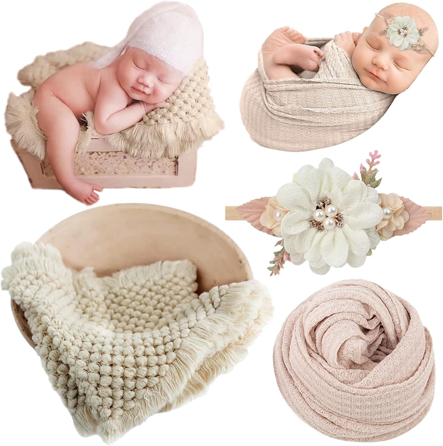 SPOKKI 3 Pcs Newborn Photography Props Outfits Set, Knitted Blanket for Baby Photo Props, Beige Elastic Wrap for Photoshoot, Flower Headband for Infant Boys Girls, Baskets Filler Posing Props