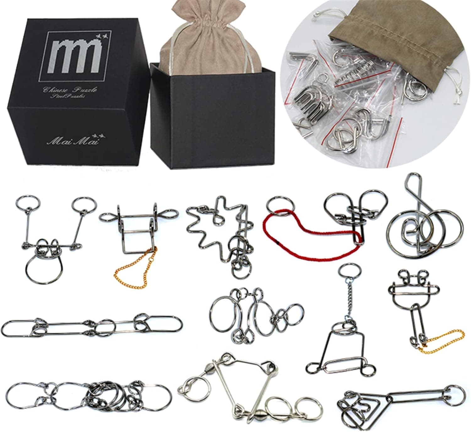 High Difficulty - 12 Pieces Metal Wire Brain Teaser - Assembly & Disentanglement Puzzles Toys - Magic Trick Toys Puzzles Set - Ideal Gifts Kids Adults (Set D)