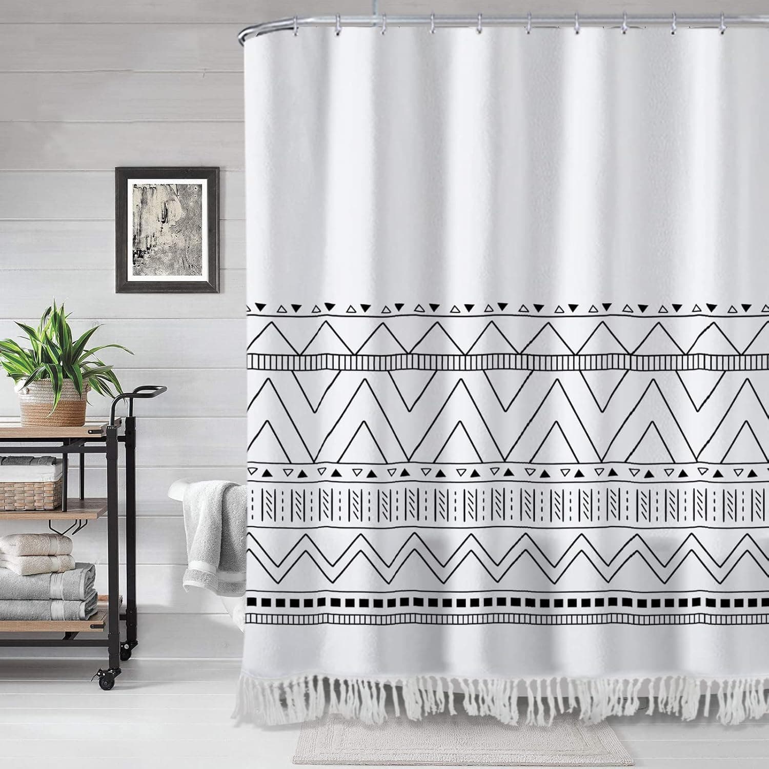 HNB Boho Shower Curtain with Tassel for Bathroom Decor, Farmhouse Black and White Shower Curtains, Bohemian Fabric Shower Curtain with Hooks, Modern Striped Geometric Polyester Bath Curtain, 72X72’’