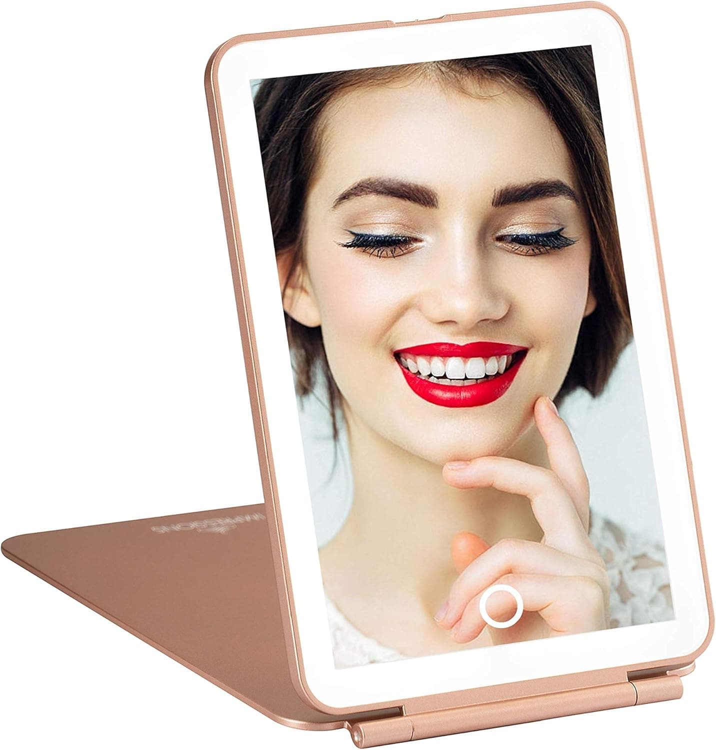 Impressions Touch Pad Mini Tri Tone LED Makeup Mirror with Flip Cover, Girls Vanity Lighted Mirror with USB Rechargeable Battery (Rose Gold)