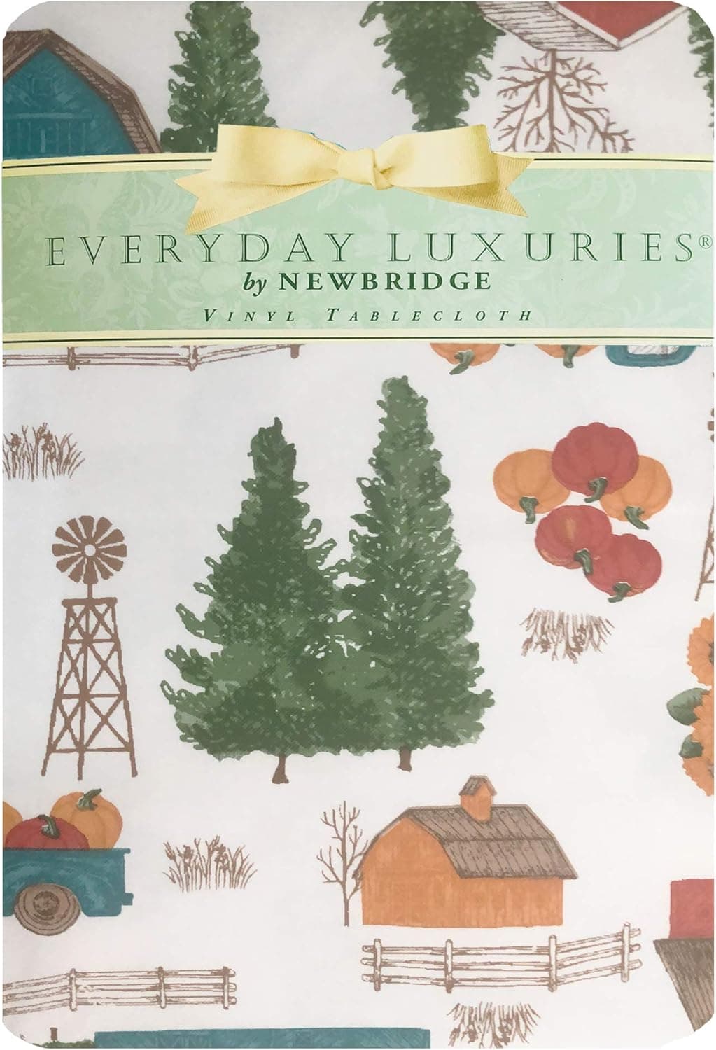 Newbridge Rustic Watercolor Barnyard Print Vinyl Flannel Backed Tablecloth - Country Rustic Farmyard and Truck Pattern Indoor/Outdoor Easy Care Vinyl Tablecloth, 70” Zippered Patio Umbrella Round