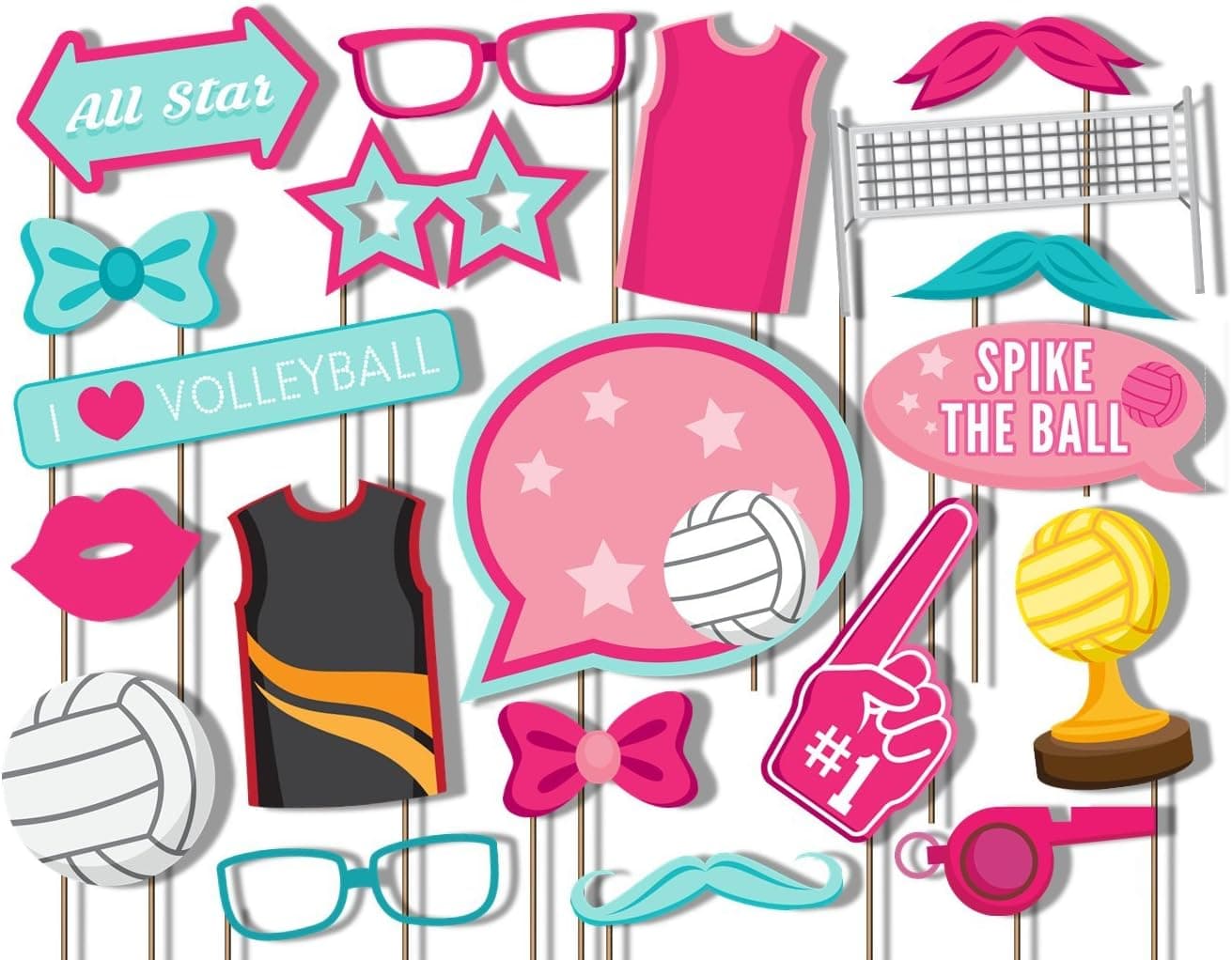 Birthday Galore Volleyball Photo Booth Props Kit - 20 Pack Party Camera Props Fully Assembled