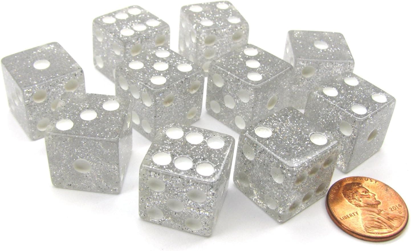 Set of 10 D6 16mm Glitter Dice - Clear/White with White Pips