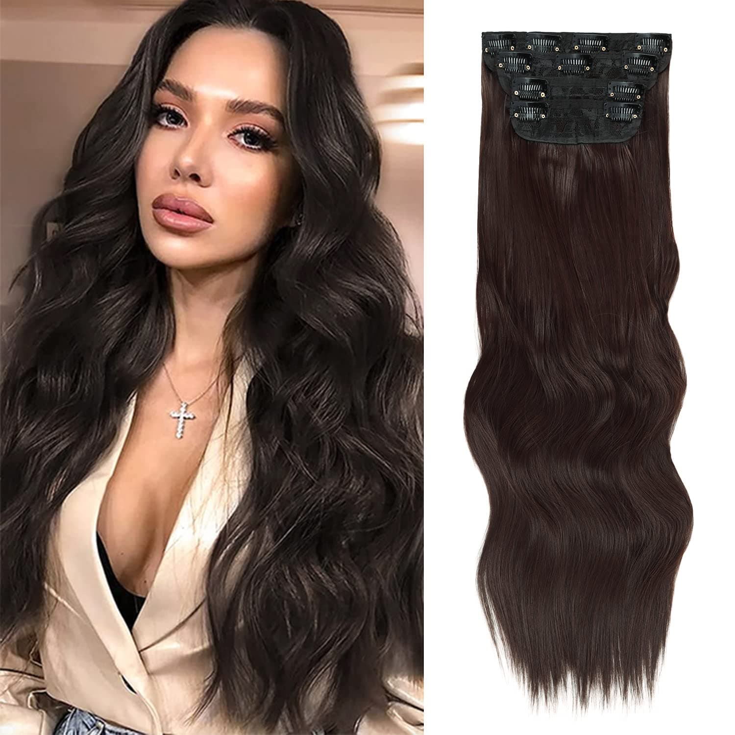 Gx Beauty Clip in Hair Extensions,4PCS 20Inch Long Soft Wave Thick Natural Black Clip in Hair Extensions Synthetic Fiber Double Weft Hairpieces for Women Full Head