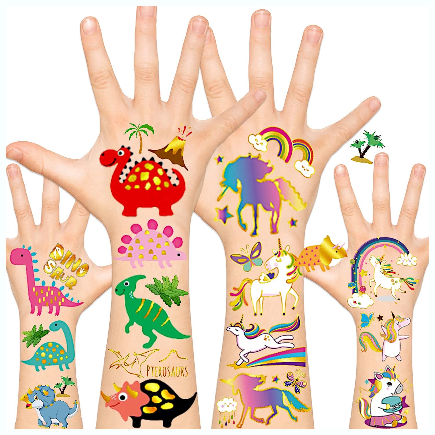 Leesgel 124pcs Temporary Tattoos for Kids Girls, Kids Tattoos with Dinosaur Unicorn Tattoos, Party Favors for Kids (Metallic Glitter Tattoos)