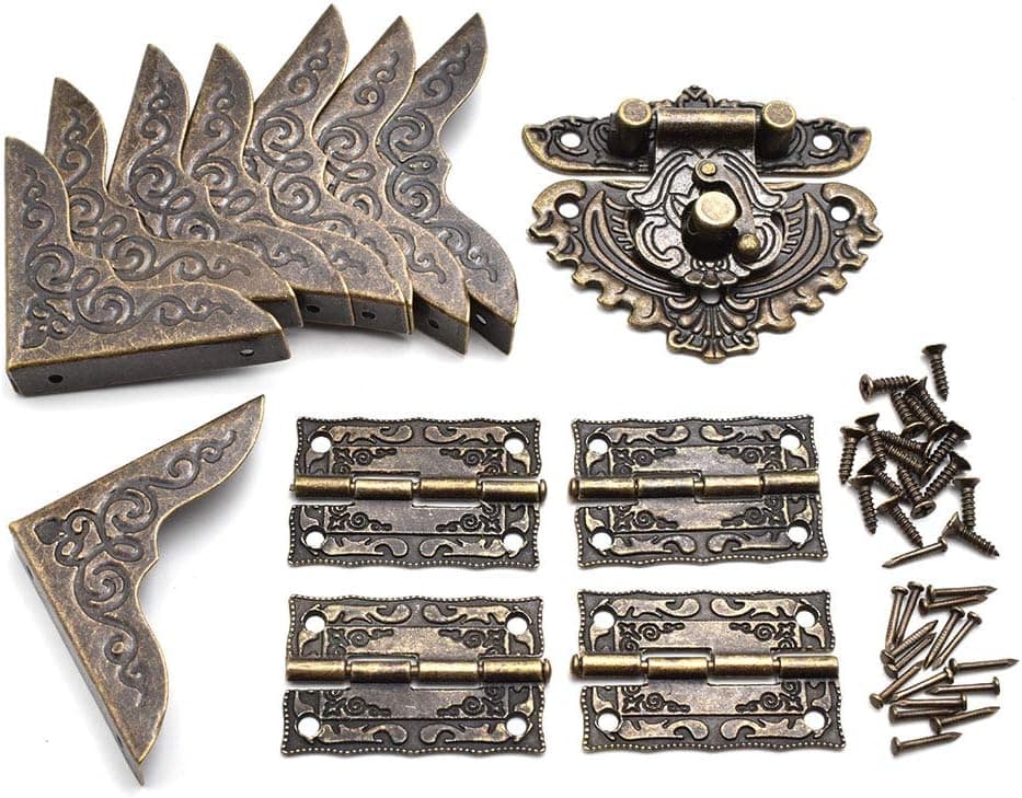 Antique Heart-Shaped Hasp Latch Vintage Engraved Mini Hinge and Bronze Box Corner Protectors with Matching Screws for Repair and Decorative Jewelry Box