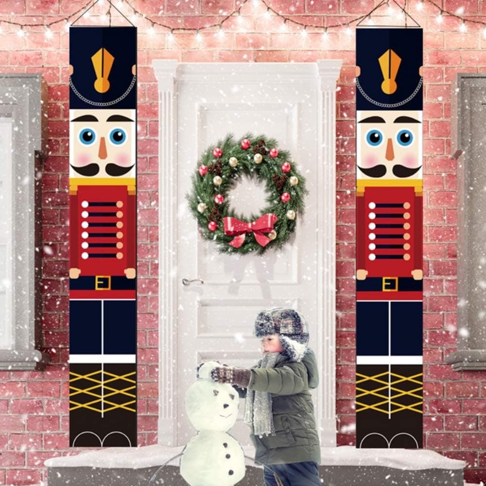 Jlong Porch Sign Christmas Door Sign, Christmas Nutcracker Hanging Banners Life Size Soldier Model Nutcracker for Front Door Fireplace Garden Indoor Outdoor Kids Party (F-1 Pairs)