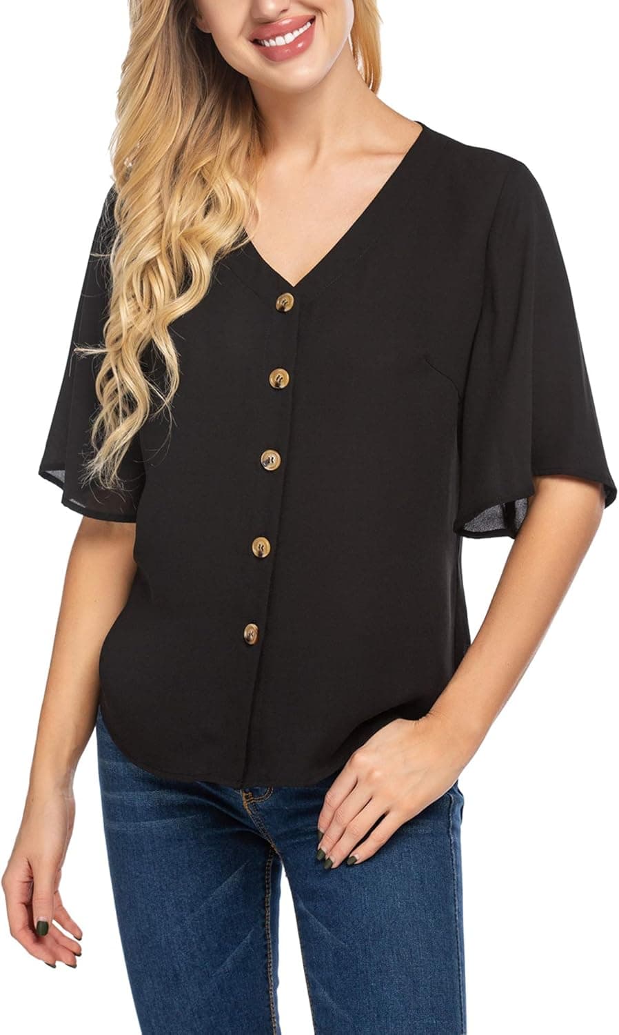 Meaneor Womens Loose Blouse Short Sleeve V Neck Button Down T Shirts Summer Casual Tops, S-XXL (02:Wine Red, Large)