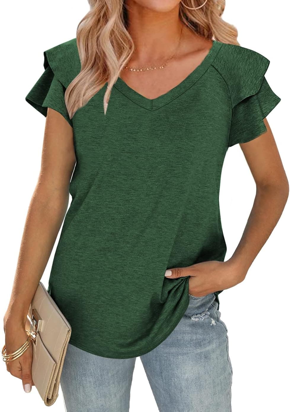 Zwurew Women's Summer Tops Casual Ruffle Short Sleeve V Neck T-Shirts Cute Tiered Cotton Tunic Blouse