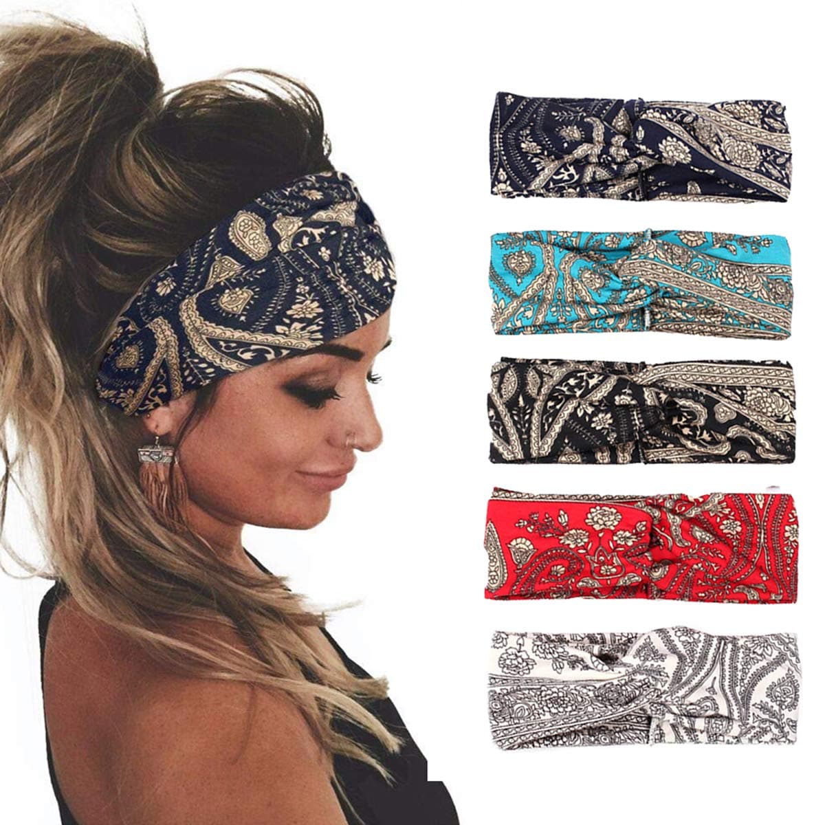 ZYOYO Women's wide headband boho elastic wide headband knotted turban cross hair band headdress Ladies hair band 5 Pcs