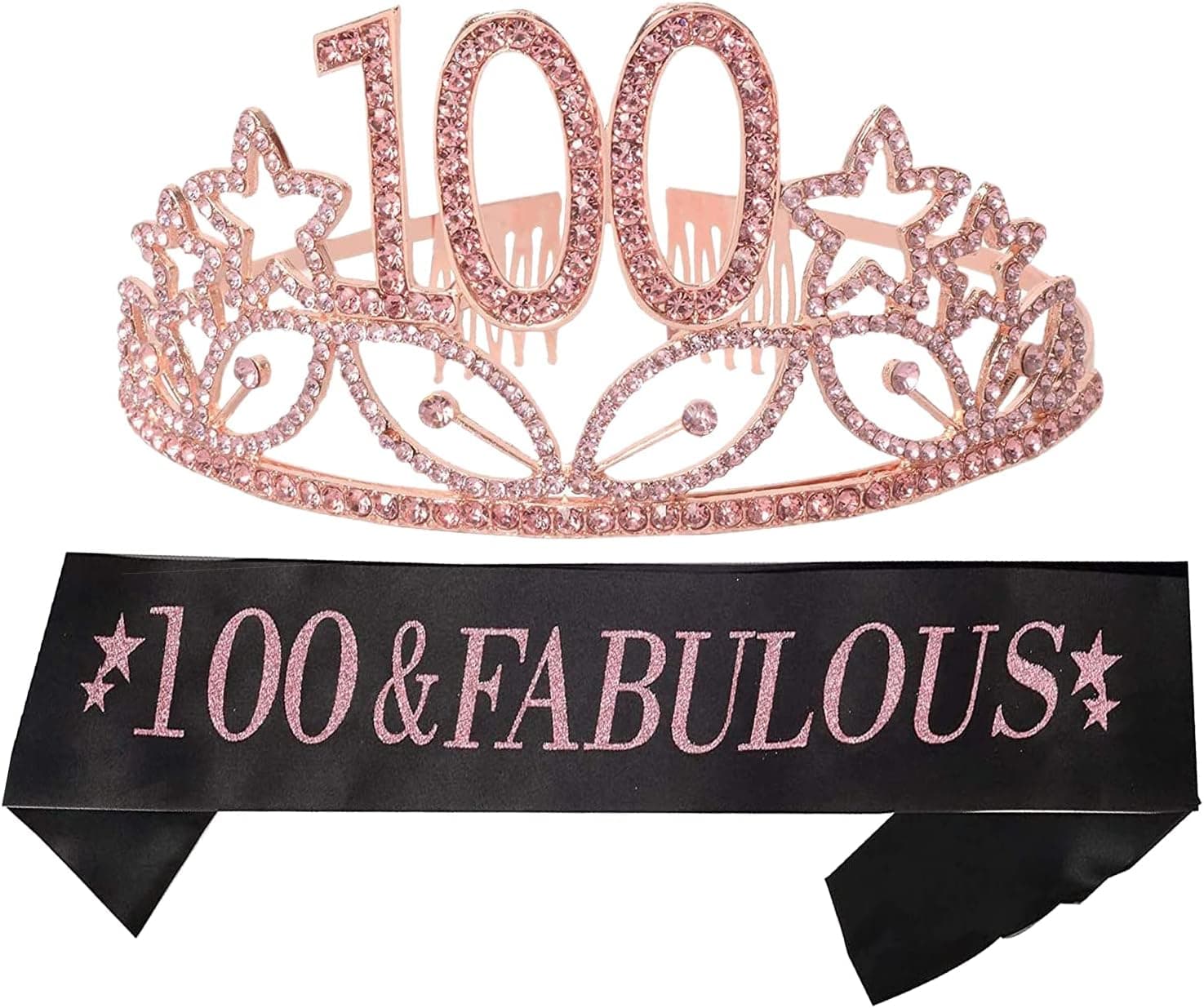 MEANT2TOBE 100th Birthday Sash and Tiara for Women - Fabulous Glitter Sash + Stars Rhinestone Pink Premium Metal Tiara for Her, 100th Birthday Gifts for 100 Celebration
