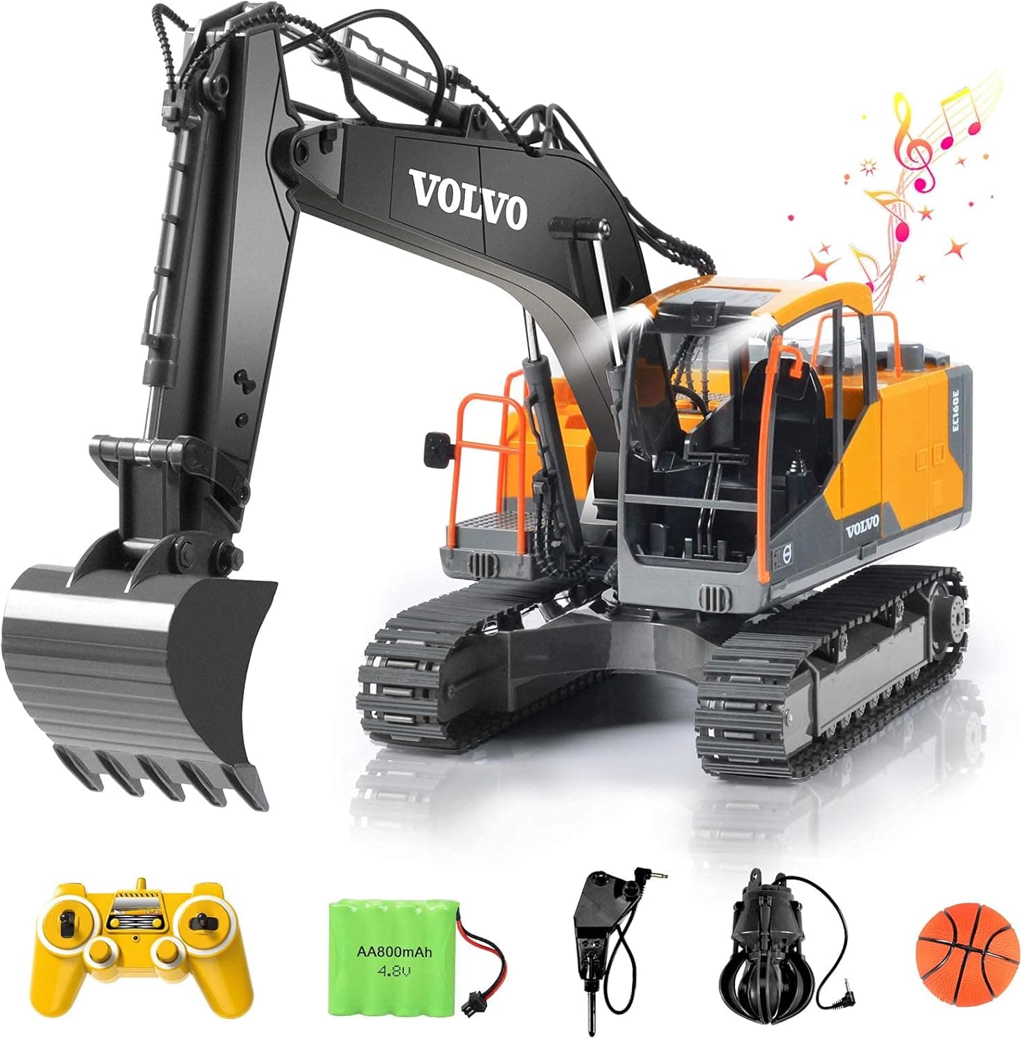 DOUBLE E Volvo RC Excavator 3 in 1 Construction Truck Metal Shovel and Drill 17 Channel 1/16 Scale Full Functional with 2 Bonus Tools Hydraulic Electric Remote Control Excavator Construction Tractor