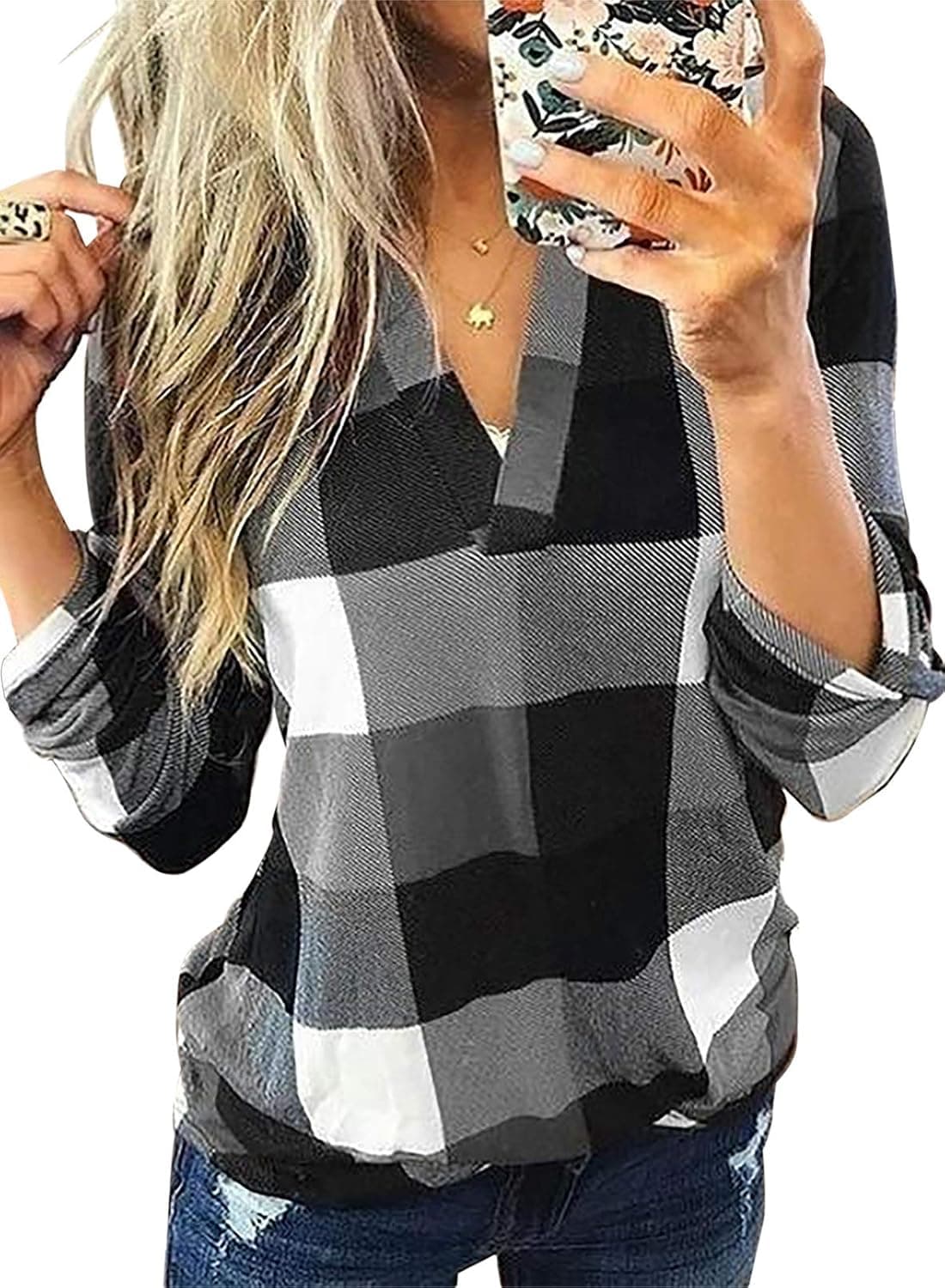 FARYSAYS Women's Basic V Neck Plaid Shirts Cuffed Long Sleeve Casual Tops Blouses