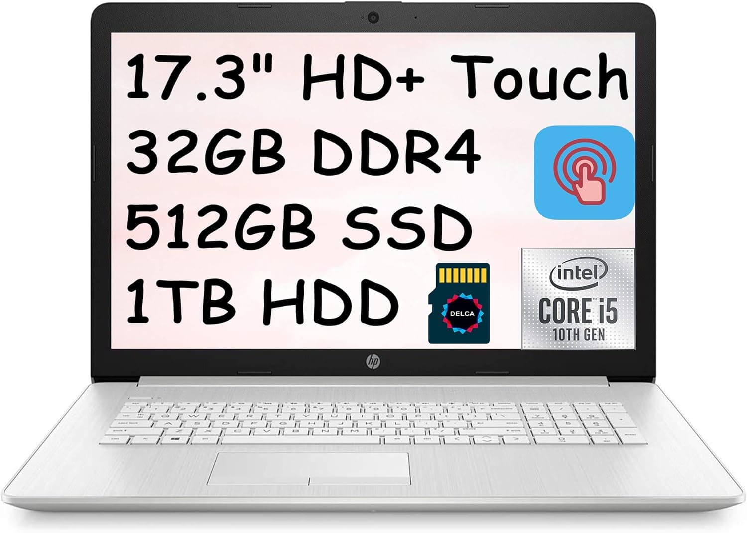 HP 17 Premium Laptop Computer I 17.3" HD+ Touchscreen I 10th Gen Intel Quad-Core i5-1035G1 (>i7-8650U) I 32GB DDR4 512GB SSD 1TB HDD I DVD Webcam WiFi HDMI Win 10 + 32GB Micro SD Card