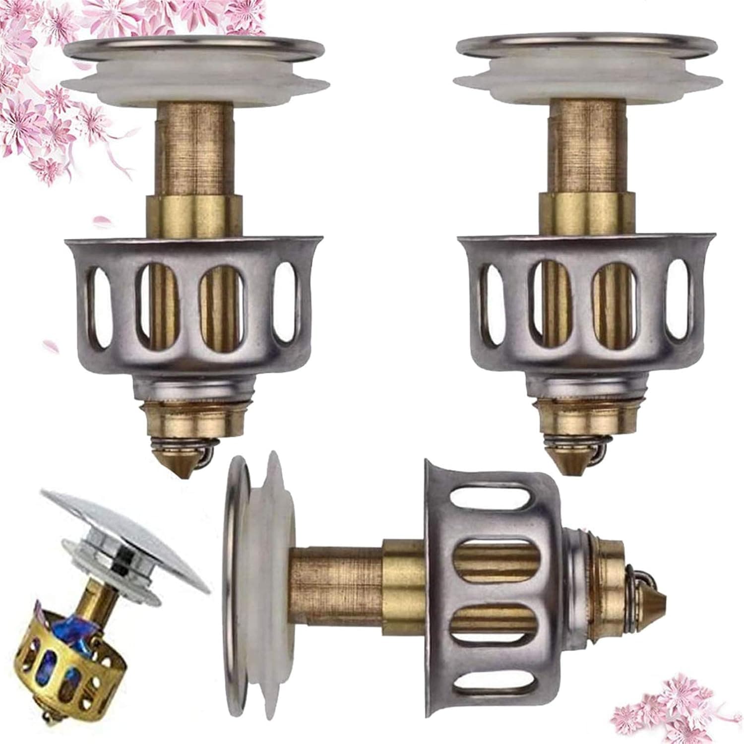 3 Pcs Universal Wash Basin Bounce Drain Filter, Pop Up Bathroom Sink Drain Plug with Basket, Stainless Steel Push-Type Bounce Core