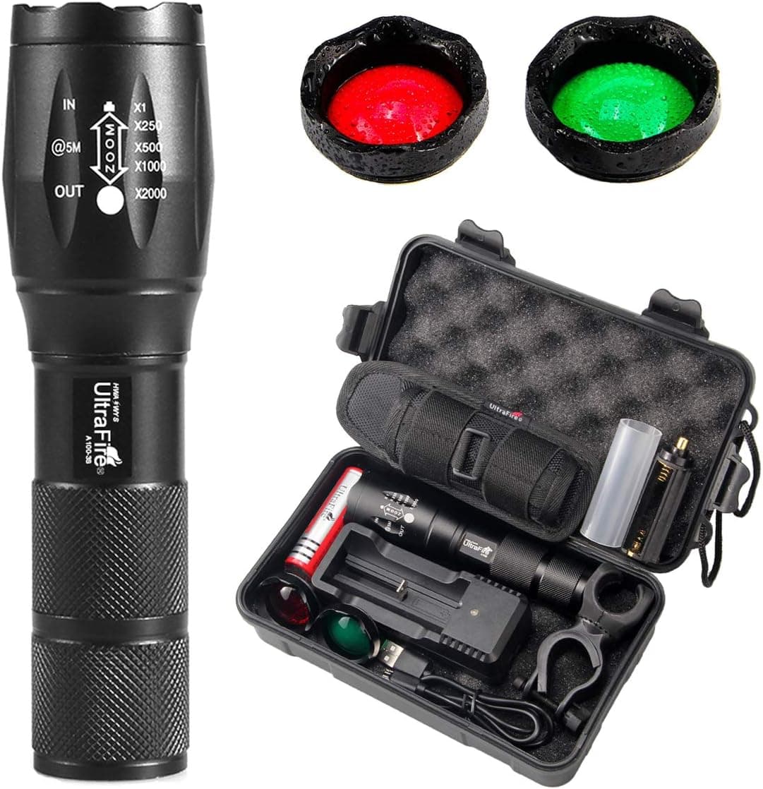 ULTRAFIRE A100 Tactical Flashlight, 900 Lumens 5 Modes LED Zoomable Hunting Flashlight Torch with Duty Belt Flashlight Holster, Red/Green/White Exchange Glass