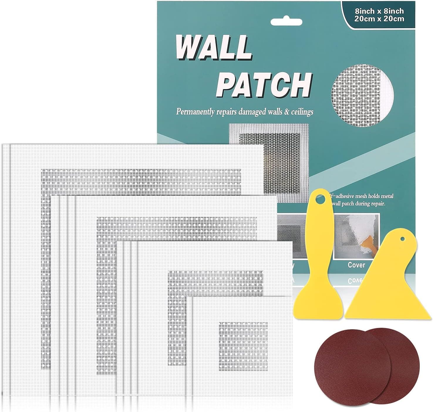 Drywall Repair Kit 12 Pieces Aluminum Wall Repair Patch Kit, 2/4/6/8 inch Self Adhesive Aluminum Wall Patch Kit, Drywall Repair Tools Kit for Ceilings Drywall Plasterboard
