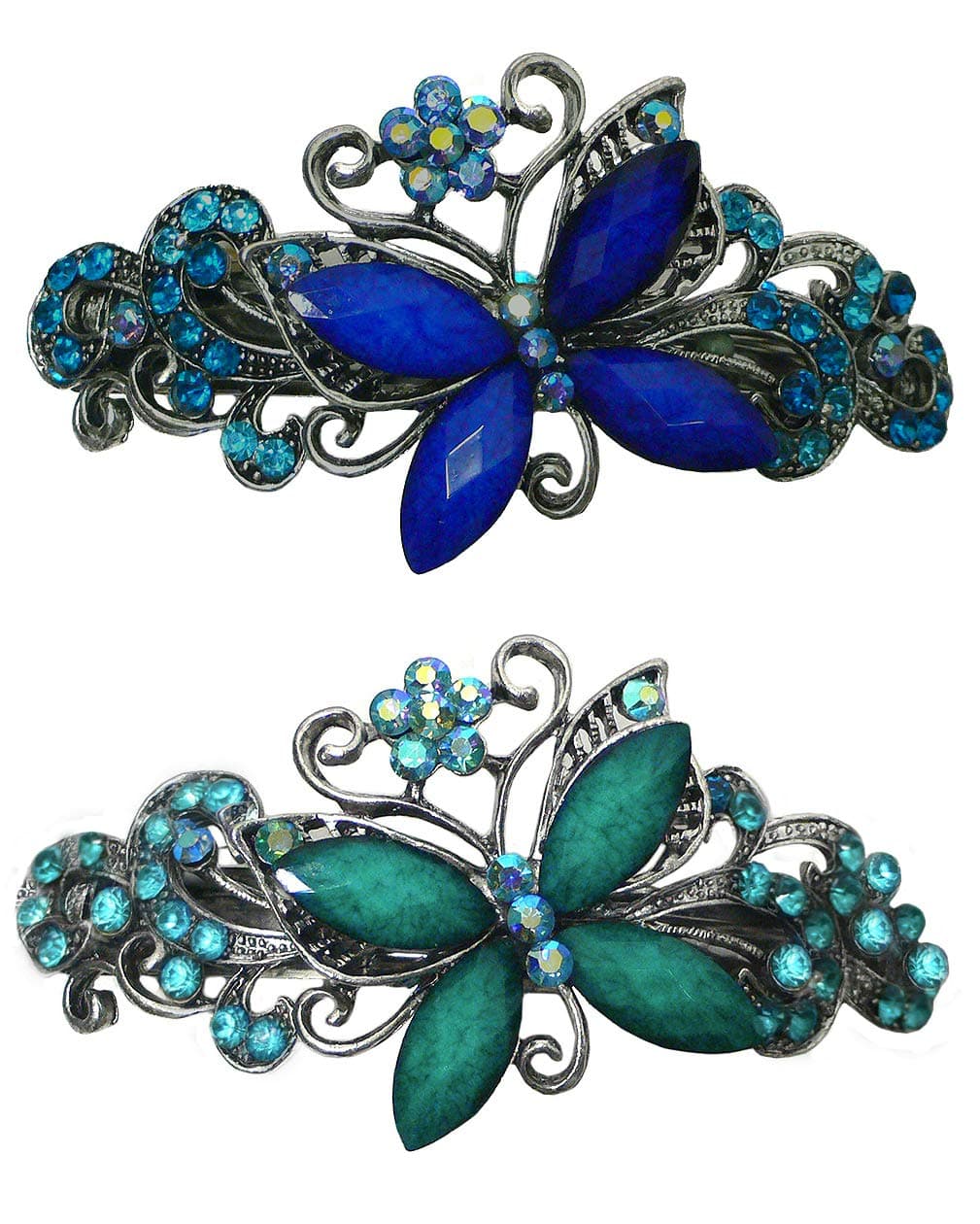 Set of 2 JCGY Butterfly Barrette Sparkly Crystals Colorful Beads French Clip Barrette U86800-0053-2sapAqua