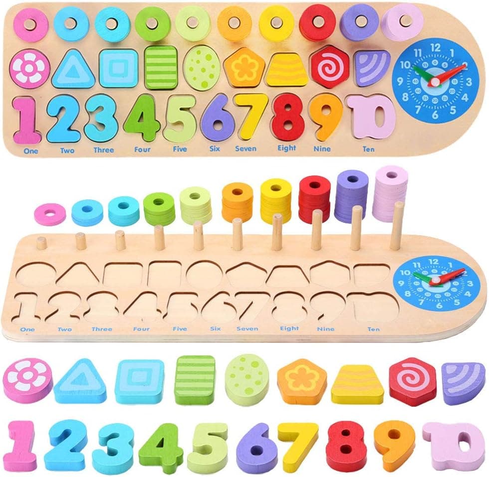 Wooden Number Puzzle Sorting Montessori Toys for Toddlers - Shape Sorter Game for age 3 4 5 6 year olds kids - Preschool Education Math Stacking Block - 5 In 1 Learning Wood Toys Jigsaw (natural)