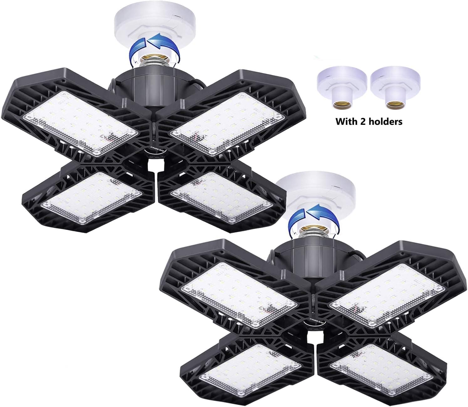 LED Garage Light,60W Four Leaf Tribright Deformable LED Lights, 6000 Lumen Quadruple Glow LED Garage Light, CRI 80, 6000K Retractable Garage Ceiling Light for Warehouse, Basement, Barn (Black-2 Pack)