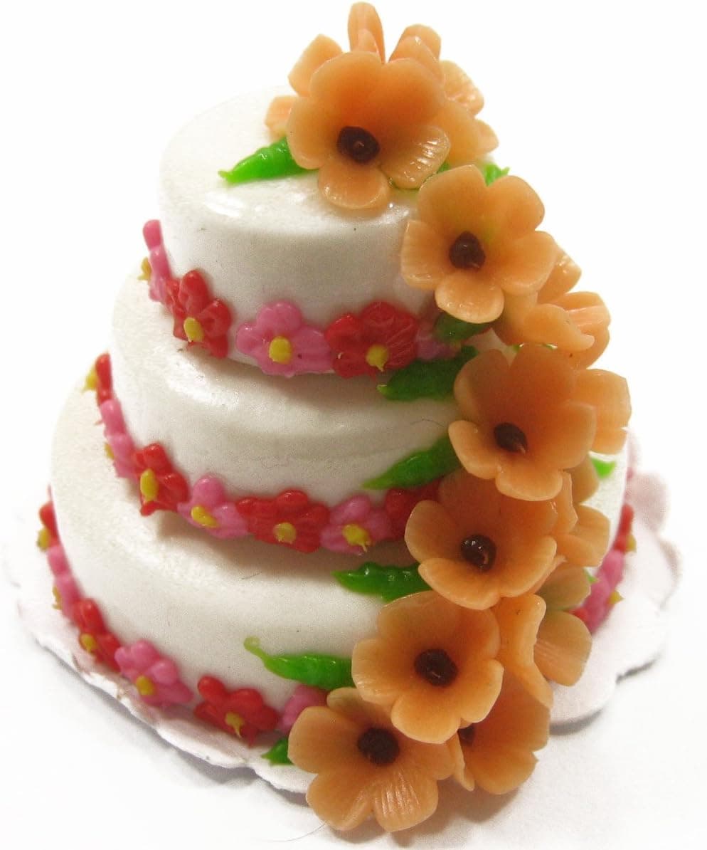 New Dollhouse Miniature Food 3 Layer Wedding Cake White Creamy Flower Deco - 7471