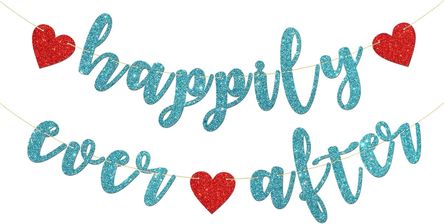 Happily Ever After Banner for Bridal Shower, Engaged, Wedding Anniversary Party Decorations (Blue Glitter)