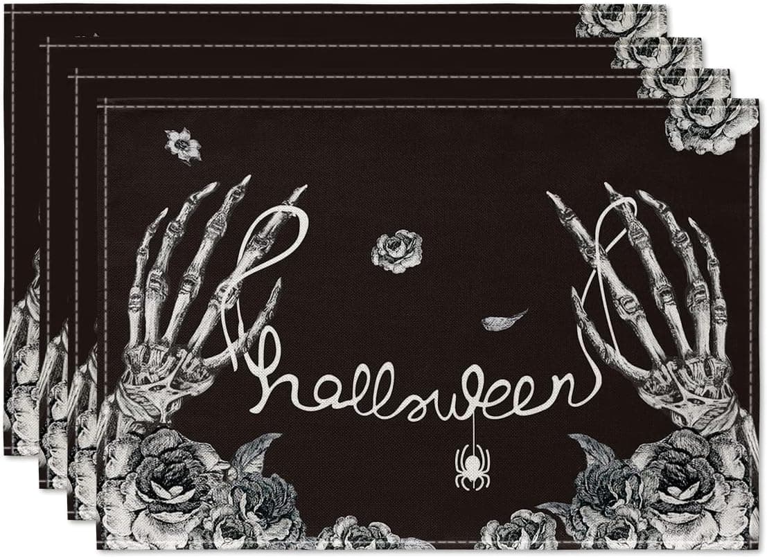 Artoid Mode Skeleton Hand Halloween Placemats Set of 4, 12x18 Inch Fall Floral Spider Table Mats for Party Kitchen Dining Decoration