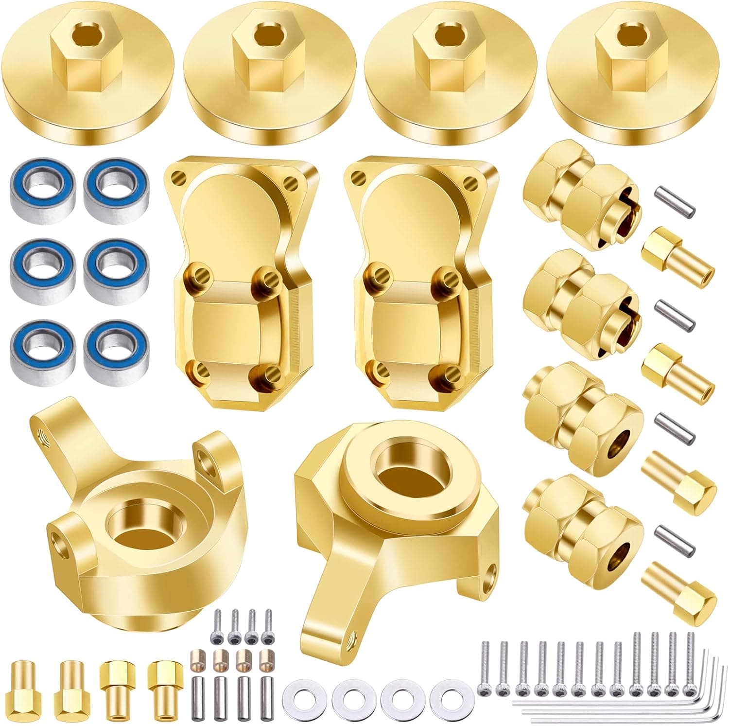 AllinRC SCX24 Brass Upgrades Set Steering Knuckles Wheel Weights Extended Hex Adapter Front Rear Diff Cover & Ball Bearings for Axial 1/24 SCX24 (Gold)