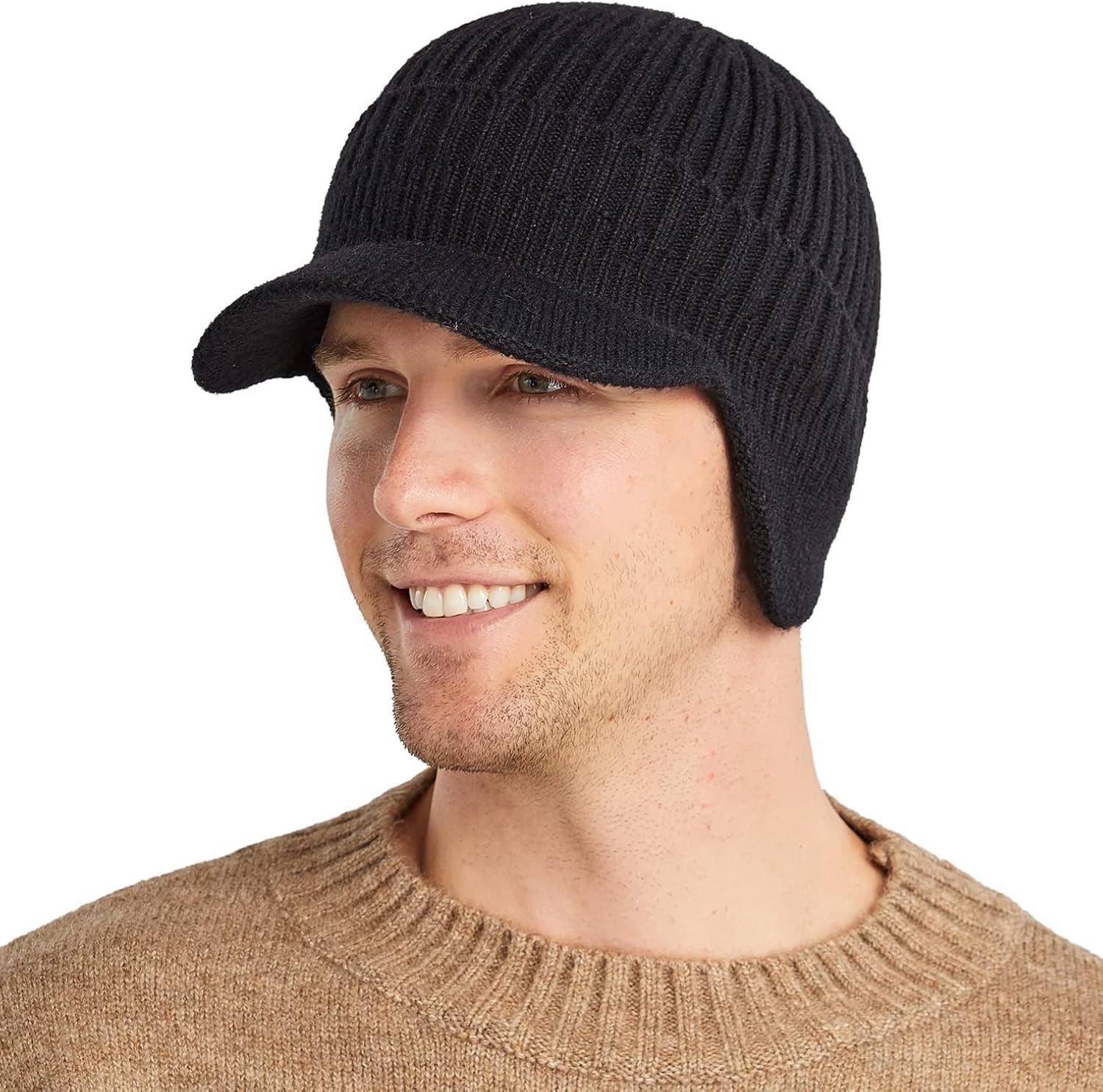 Koreshion Men's Winter Visor Beanie Hat with Earflaps Knit Baseball Cap with Brim Ski Hat Warm Fleece Lined Hunting Hat