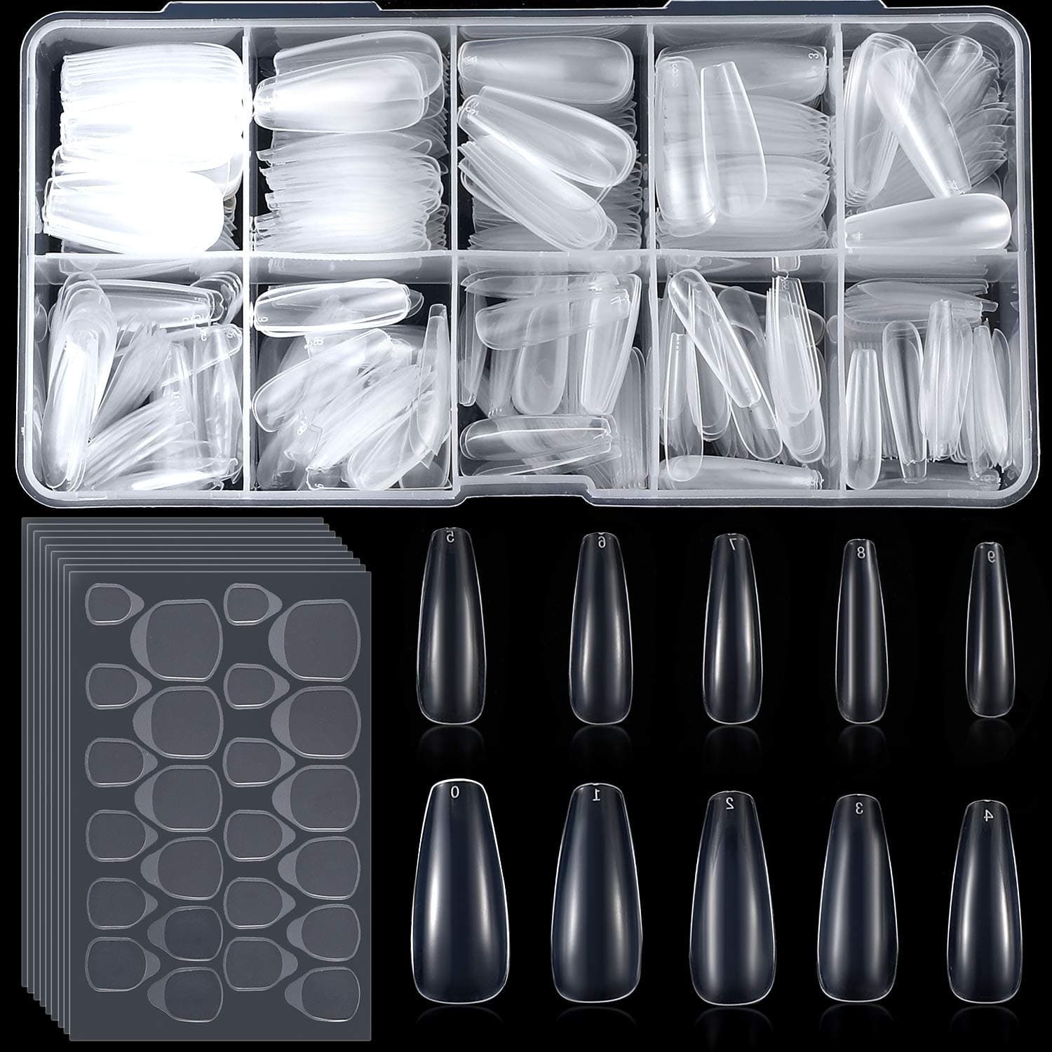 600 Pieces Breathable Adhesive Tab Fake Nail Glue Sticker Double Sided Sticky Tips Tab and 500 Pieces Clear Full Cover False Nails Transparent Fake Nails Tips with Case for Nail Salon DIY Nail Art