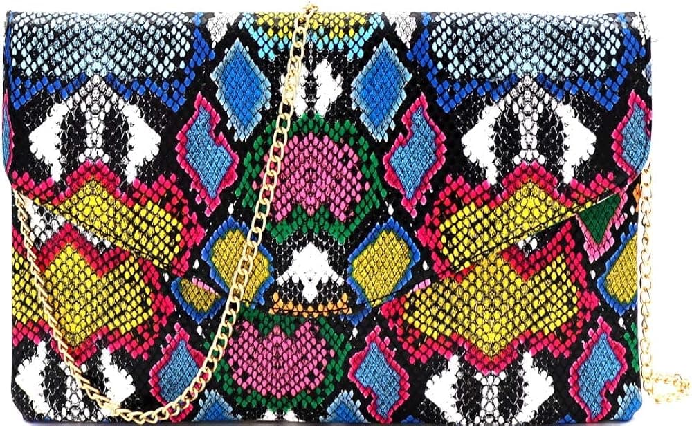 Trendeology Snake Print Leather Envelope Clutch Purse with Crossbody Chain Strap