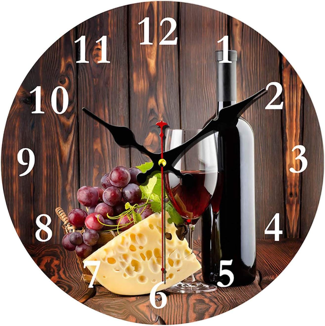 Red Wine and Cheese Wall Clock Non Ticking Silent 10 Inch Art Clock for Living Room Bedroom Office School Home Decor