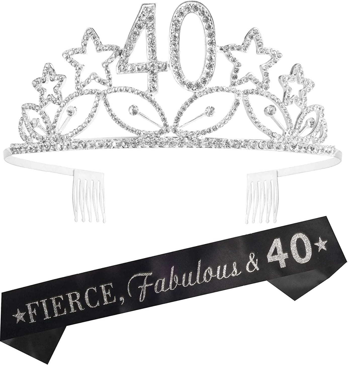 MEANT2TOBE 40th Birthday Sash and Tiara for Women - Fabulous Glitter Sash + Stars Rhinestone Silver Premium Metal Tiara for Her, 40th Birthday Gifts for 40 Party