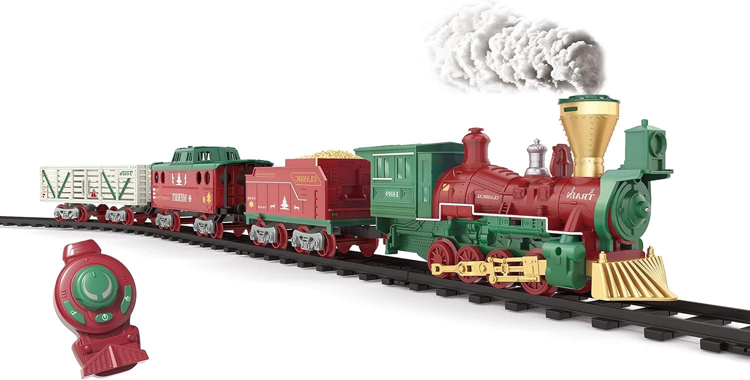 OLIUGEI Electric Toy Train Set - Remote Control Steam Electric Train with - with Smokes,Light & Sounds, Christmas Holiday Birthday Gifts for 3 4 5 6 7+ Years Old Kids