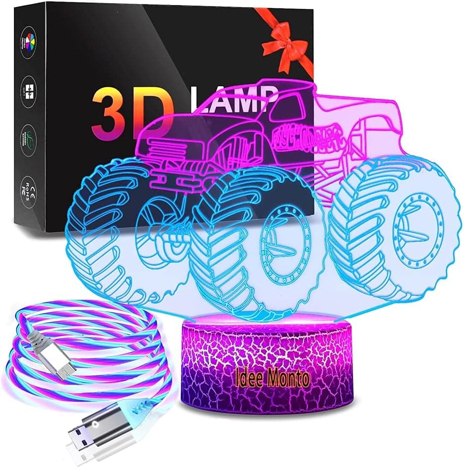 3D Night Lights for Kids Monster Trucks for Boys Night Lamp for Baby Room LED Decor Lamp Monster Trucks Kids Room Decor Touch 7 Colors or 13 Color Changings Dimmable Monster Trucks Best Gifts for Kids